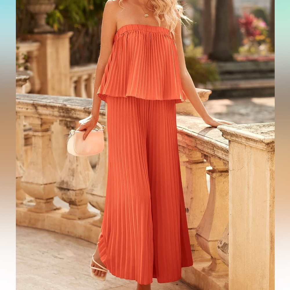 Off Shoulder Summer Jumpsuit Wide Leg Pleated Palazzo Pants